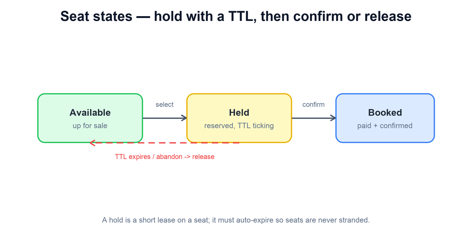 Seat states: available, held with a TTL, booked, or released
